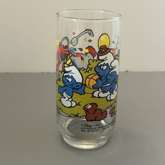 Smurf Clumsy and Harmony Collector Glass/Tumbler 1983 Peyo Vintage 6” Lot of 2 - Picture 3 of 11